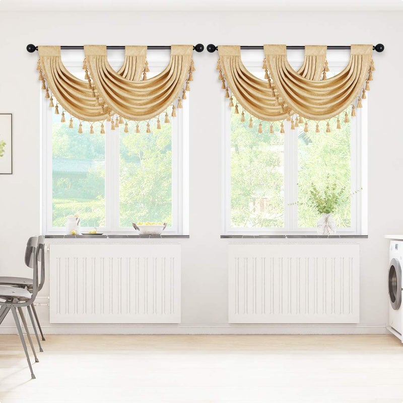 ELKCA Thick Chenille Waterfall Swag Valances for Living Room Gold Valance Window Curtains for Kitchen,Pack of 2 (Gold, 30" W x 22" L) - Image 3